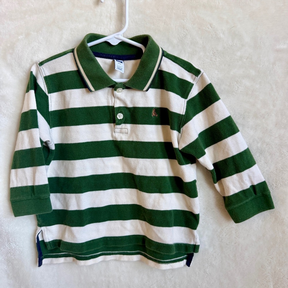 Baby Gap Toddler Boys Green White Striped Long Sleeve Polo Teddy Bear Logo 3T